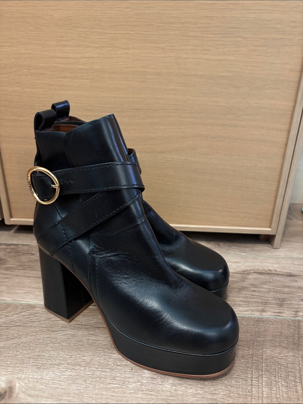 See By Chloe Black Leather Platform Ankle Boots with Gold Buckle Accent